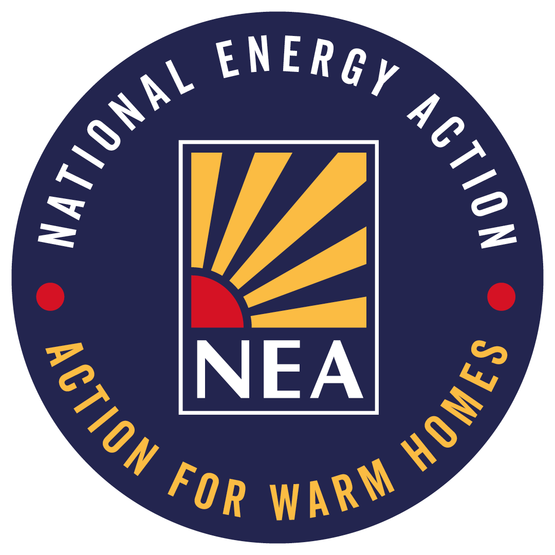 National Energy Action, fuel poverty charity logo sunbeam in a dark blue circle with strapline action for warm homes